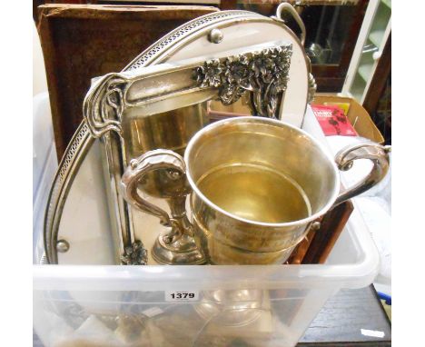 A boxed containing a quantity of silver plated and other items including a Plymouth Football League trophy cup, presentation 