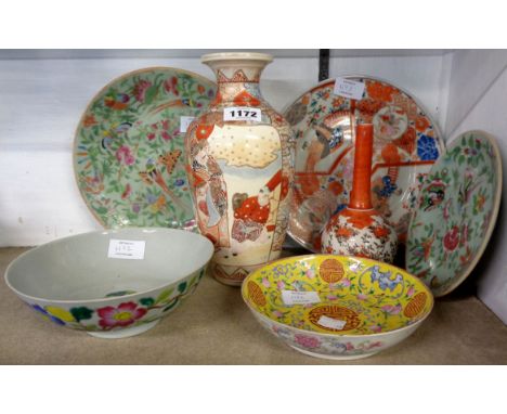 A collection of Oriental ceramics including Kuang Hsu famille jeune bowl, Japanese Imari plate, Kutani vase, two Chinese cela