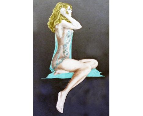 A gilt framed watercolour portrait of a scantily clad female figure on dark tone background