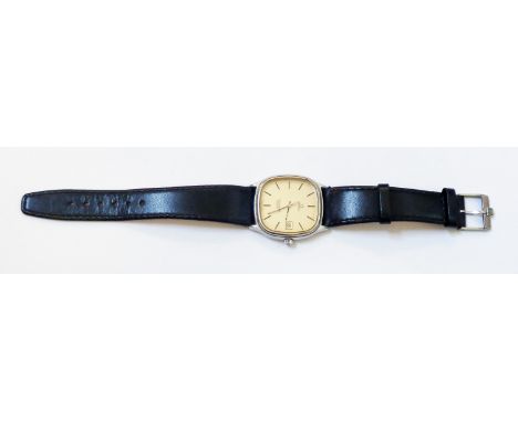 A vintage Omega Seamaster steel cased wristwatch with date aperture and quartz movement, on replacement black leather strap w