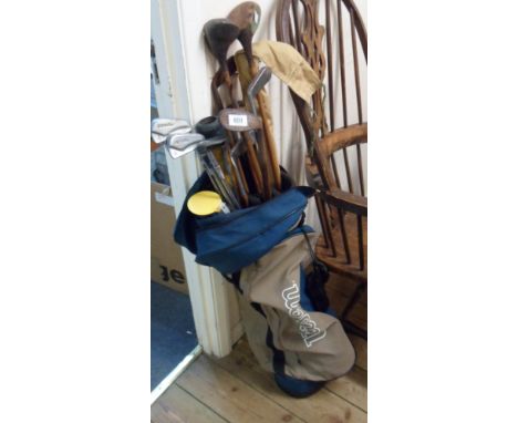 A golf caddy with various clubs and balls