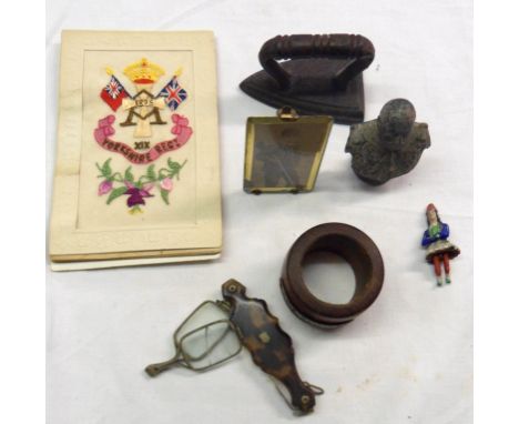 A small quantity of collectables including a pair of lorgnettes, a Britains bust of Edward VII, HMS Valiant teak napkin ring,