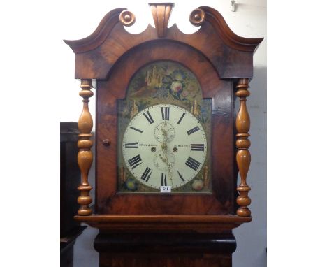 A 19th Century flame mahogany North East Country longcase clock, the 14" painted arch dial marked for Young &amp; Sons, Newca