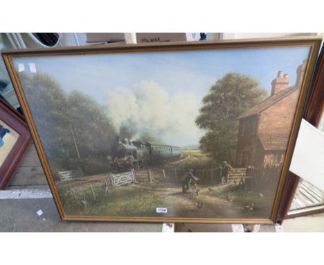 Don Breckon: a framed coloured print depicting a Southern Railways locomotive 1521, approaching a crossing with figures and c