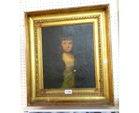 An antique gilt framed oil on canvas portrait of a young lady with - label verso - paint surface poor - 14 1/2" X 11 3/4"