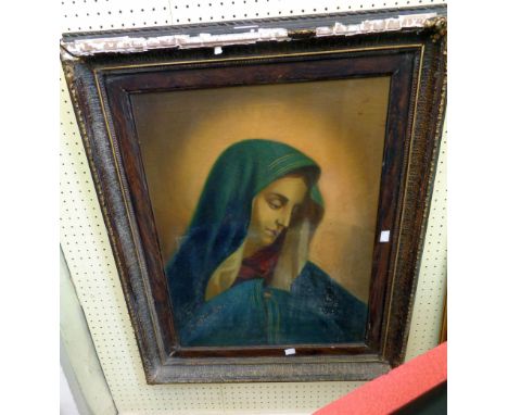 A gesso framed oil on canvas, portrait of the Madonna - paint surface damaged - relined 