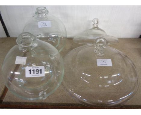 Two Victorian blown glass fly/wasp traps and two spun glass oil lamp smoke bells