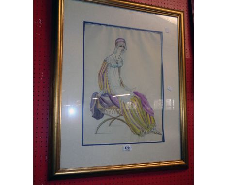 A gilt framed mixed media portrait of a young woman in classical Venetian attire and seated on an X-frame stool