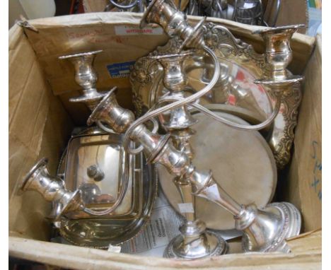 A pair of silver plated copper triple branch candelabra with detachable nozzles and finials - sold with a silver plated bread