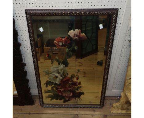 A early 20th Century stained gesso framed bevelled oblong wall mirror with painted floral decoration - sold with an oak fires