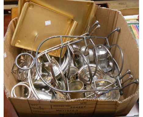 A box containing a quantity of silver plated items including cake stands, gallery tray, entree dishes, toast rack, etc.