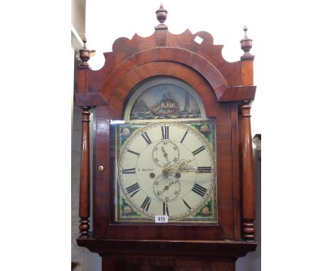 A 19th Century flame mahogany North East Country longcase clock, the 13" painted arch dial with rocking galleon and marked fo