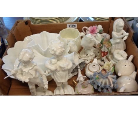 A box containing a Royal Worcester blanc de chine bowl, vase, and sugar bowl, various blanc de chine figurines of children an