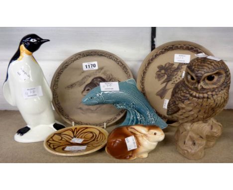 A Poole Pottery Barabara Linley-Adams little owl, two limited edition plates, penguin, fish and rabbit figurines, and an Aege