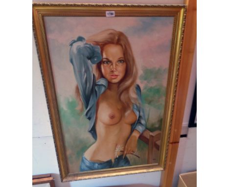 Larenz: a gilt framed oil on canvas portrait of a woman in provocative pose - signed 