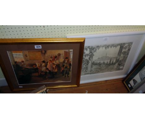 Elizabeth Forbes: a gilt framed coloured print, depicting a school room scene - sold with a framed monochrome print of a penc