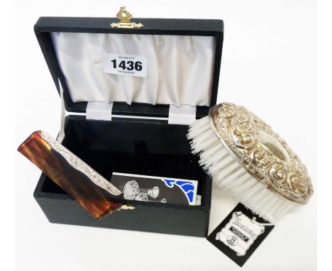 A cased modern Broadway silver backed brush and comb set with paperwork 