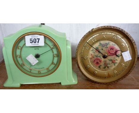 A vintage pale green bakelite cased Smiths timepiece - sold with a Regent Street decorative gilt metal and embroidered alarm 