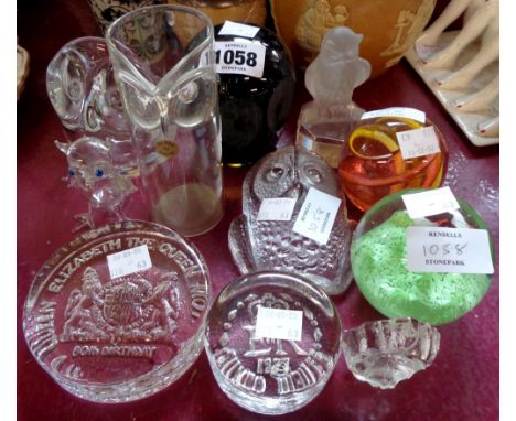 A collection of paperweights including Whitefriars, Goebel, and Vannes Cristal owls, etc.