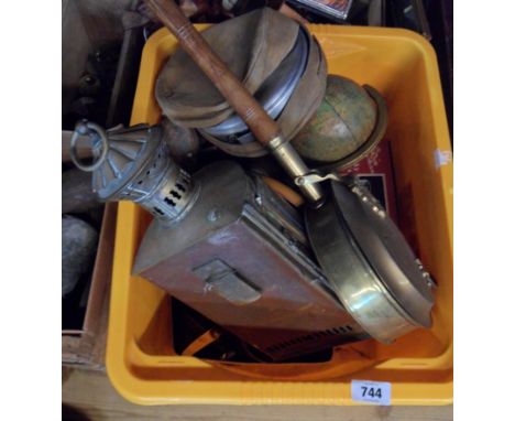 A box containing a quantity of collectable items including lantern, glue pot, cutlery, etc.