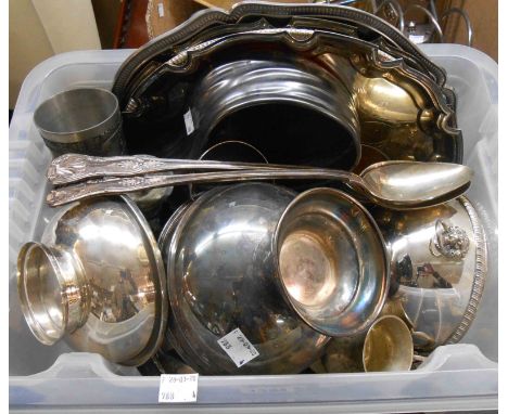 A quantity of silver plated items including two basting spoons, trays and footed bowls, etc.