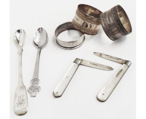 Two silver folding fruit knives - sold with a silver preserve spoon, etc.