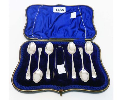 A cased set of six silver teaspoons and matching sugar tongs with engraved decoration - Sheffield 1901