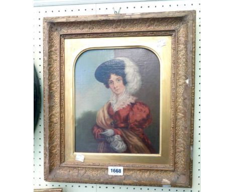 A gilt framed and slipped 19th Century oil on canvas, portrait of a Victorian lady with feather cap and silk bag - 10 3/4" X 