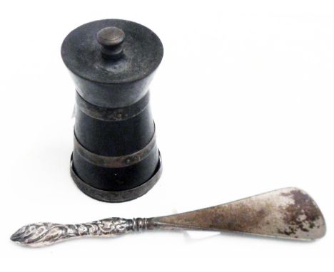 A silver bound ebony pepper grinder - sold with a silver handled shoe horn - various condition