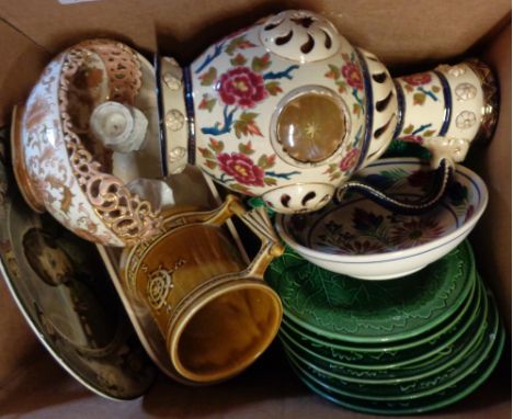 A box containing assorted ceramics including Zsolnay Pecs reticulated dish, Fischer of Budapest ewer, green glazed majolica p