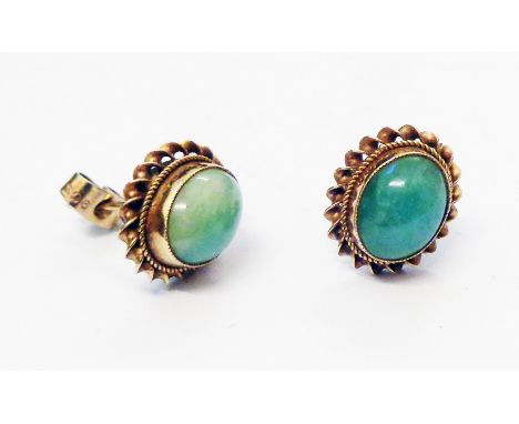 A pair of marked 9/375 yellow metal ear-rings, each set with oval cabochon jade panel within a rope twist border