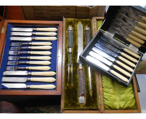 A mahogany cased 19th Century set of six each silver plated fish knives and forks with reeded ivory handles - sold with anoth