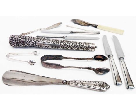 A pair of small silver claw pattern sugar nips, an ornate white metal parasol handle a/f - sold with small silver and silver 