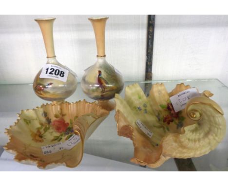 A pair of small Royal Worcester bottle vases with painted pheasant decoration by James Stinton (one with chip to top) - sold 