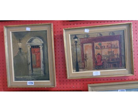 A pair of gilt and hessian framed vintage oils on board, one depicting a red doorway - signed Deborah Jones, the other unsign