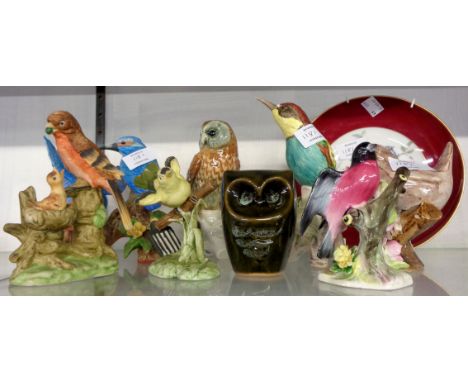 A collection of eight bird figurines including Karl Ens owl, Royal Adderley bullfinch, Goebel, etc. - sold with a Kaiser porc