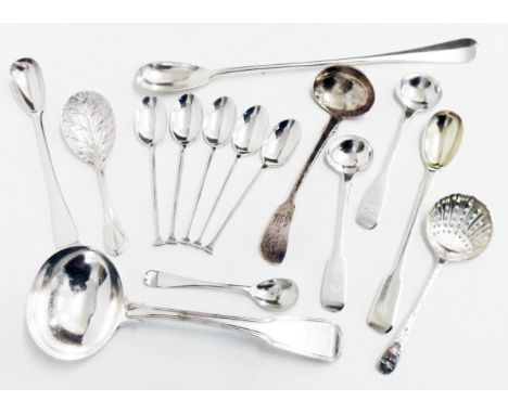 Two silver fiddle pattern ladles, long stem preserve spoon, strainer and caddy spoon - sold with five seal topped coffee spoo