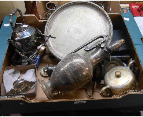 A box containing a quantity of silver plated items including a converted Etruscan revival wine ewer and tray, Victorian chino