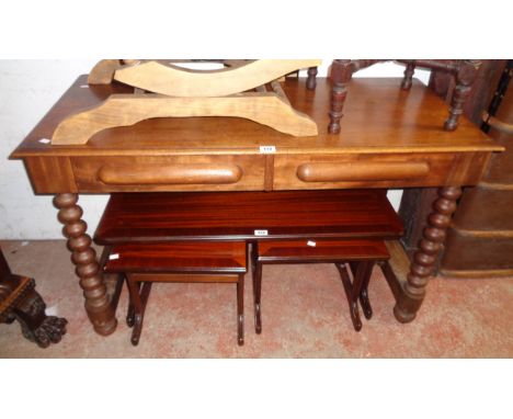 A 4' Victorian mahogany side table with two frieze drawers, set on bobbin turned front supports - stretcher a/f