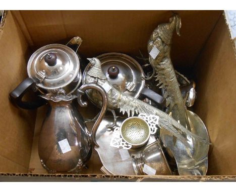 A quantity of silver plated items including a pair of pheasant table ornaments, serpentine box (hinge a/f), gravy boats, etc.