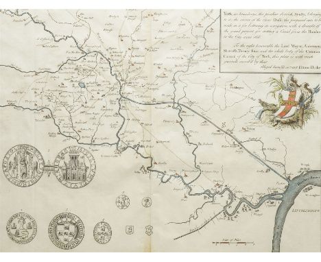 Francis Drake (British 1696-1771): York and its Boundaries with Seals, 18th century engraved map with hand-colouring from pub