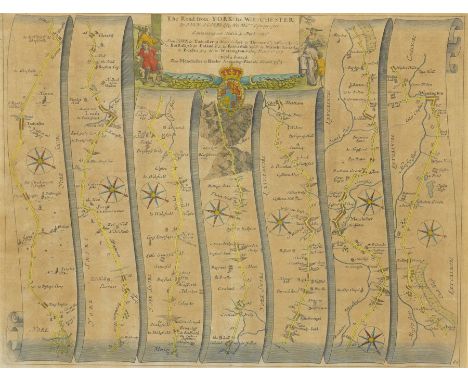 John Ogilby (British 1600-1676): 'The Road from York to West-Chester', late 17th century engraved strip map with hand-colouri
