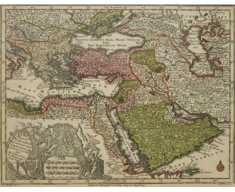 Georg Matthäus Seutter (German 1678-1757): 'Magni Turcarum Dominatoris Imperium', 18th century engraved map with hand-colouri