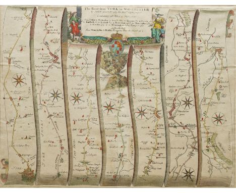 John Ogilby (British 1600-1676): 'The Road from York to West-Chester', late 17th century engraved strip map with hand-colouri