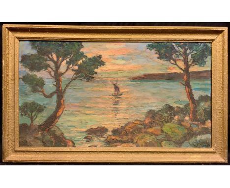 French school, mid 20th century,'The little boat - Mediterranean Coast', impressionist seascape,indistinctly signed, oil on b