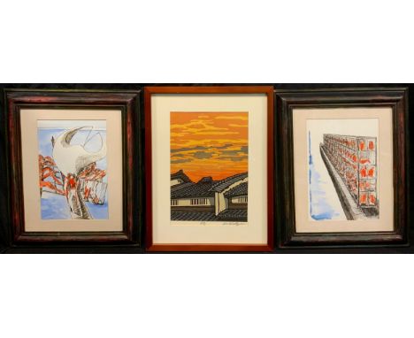 Katherine M Waters, a pair - 'The Explorers' and 'Deportation', surrealist school, signed, ink and watercolour, each measurin