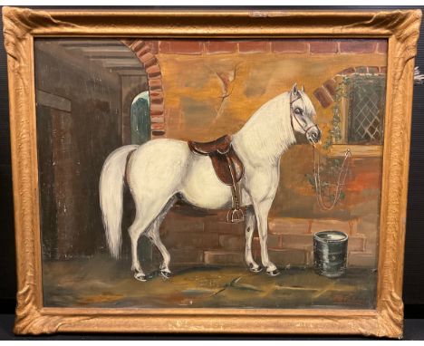 P.B. Pollington (Naive Equine Artist, late 19th/early 20th century)Portrait of a White Horse, within a courtyard signed, oil 