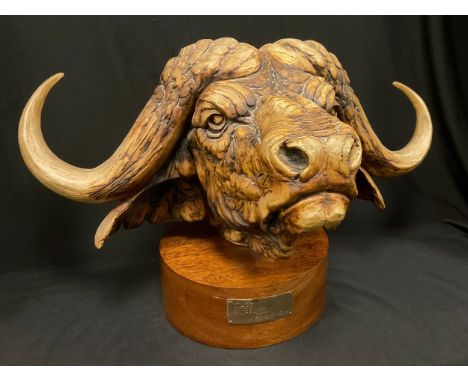 Reginald Price (20th century), stoneware ceramic sculpture, Cape Buffalo, signed with initials, limited edition 3/25, circula