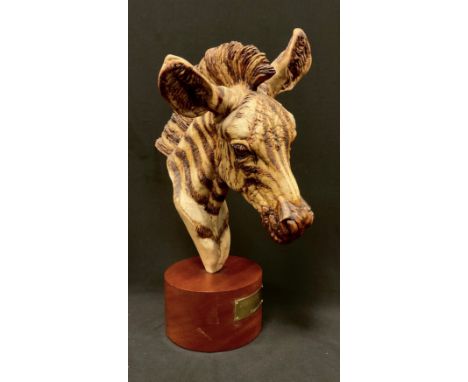 Reginald Price (20th century), stoneware ceramic sculpture, Zebra Foal, signed with initials, limited edition, circular woode