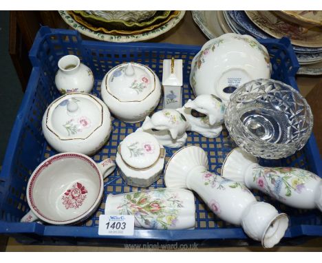 A quantity of Aynsley Wild Tudor china to include two candlesticks,  small vase, two mini dolphin ornaments, lidded trinket p